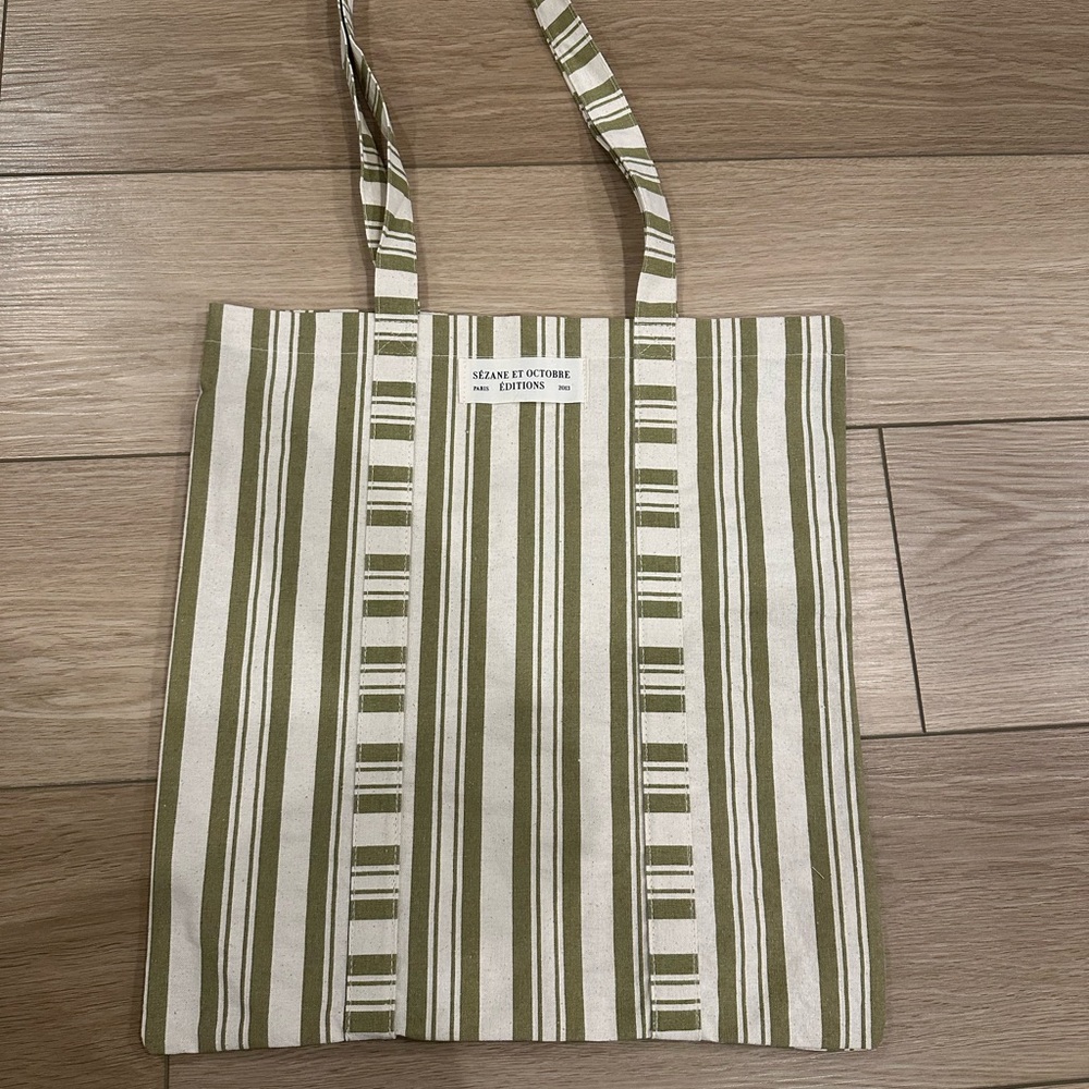 Sezane Olive and Cream Striped Tote Bag